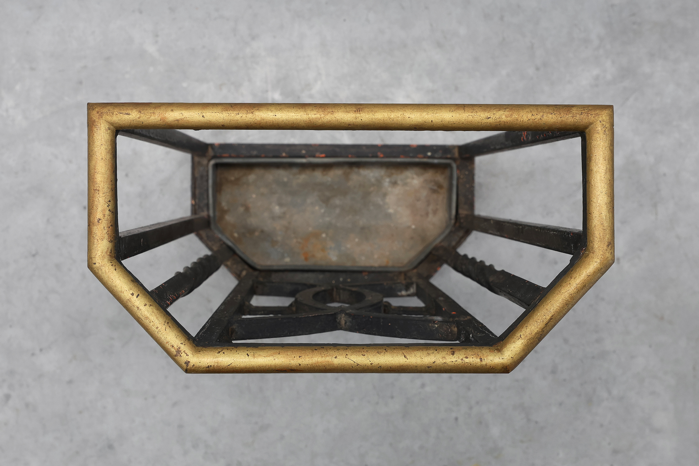 Art Deco metal umbrella stand with geometric openwork and brass rim, Belgium, 1920sthumbnail